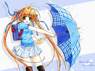 Girl umbrella backpack blue dress - long hair holding free wallpaper