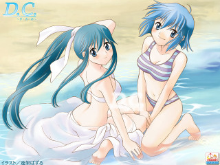 Bluehair blueeyes animegirls beach sitting - the water together free wallpaper