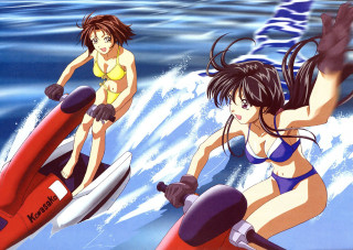 Anime girls jet skis ocean - anime visual free wallpaper