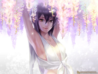 Woman white dress arms up - her arm behind her head free wallpaper