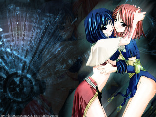 Anime girls hugging blue background 2 - large free wallpaper for desktop