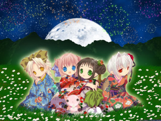 Anime girls full moon starry - a group of anime girls free wallpaper