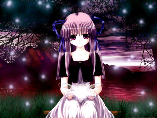 Girl bench field purple sky - magic realism free wallpaper for desktop
