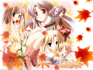 Anime girls autumn leaves fireplace - the caption free wallpaper