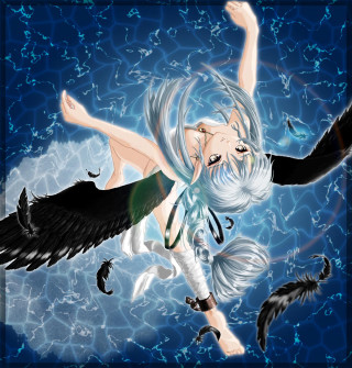 White hair black wings woman - water free wallpaper