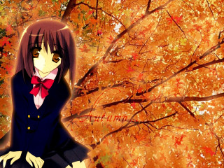 Woman black dress red bow - orange leaf free wallpaper