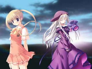 Anime girls field night rainbow - two anime girl free wallpaper