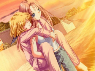 Sunset anime hugging girls cityscape - a pink sky free wallpaper