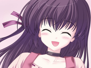 Purple hair girl blowing wind - a pink shirt free wallpaper