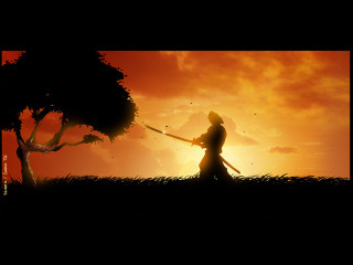 Sword person field sunset tree - dai jin free wallpaper