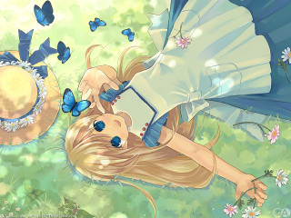 Flower field butterfly girl umbrella - magical free wallpaper for desktop