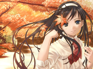 Girl autumn leaves river impressionism - long hair and a bow tie free wallpaper