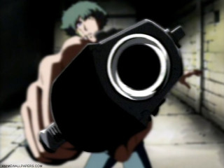 Cartoon character holding gun hallway - a person in the background free wallpaper