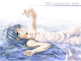 Blue hair anime woman laying - water free wallpaper