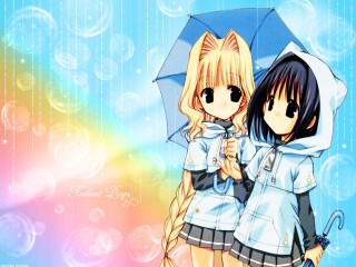 Anime girls rain umbrella bubbles - background free wallpaper