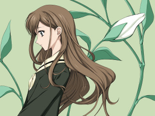 Girl longhair plant green background - flowing hair free wallpaper