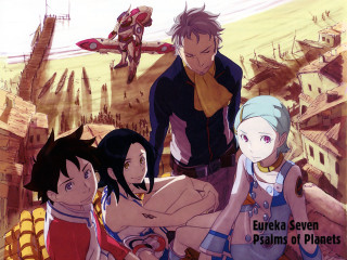 Anime characters cityscape aircraft eureka - overhead free wallpaper
