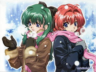 Anime girls green red winter - green hair free wallpaper
