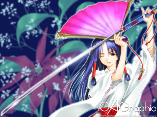 Woman pink umbrella fan cherryblossoms - fantasy art free wallpaper
