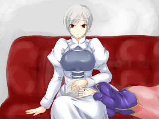 Woman white dress red couch - a red couch free wallpaper