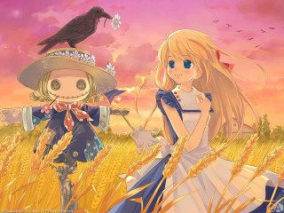 Anime couple wheat field bird - pop surrealism free wallpaper