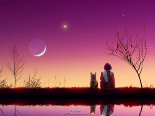 Moon starry sky bench dog - alena aenami free wallpaper