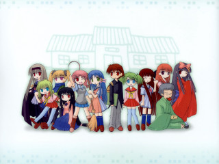 Anime girls group building sky 8 - a group of anime characters free wallpaper