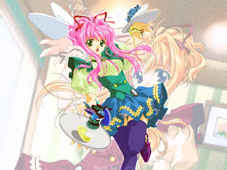 Pink hair green dress girl - her hand and a butterfly free wallpaper