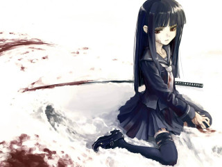 Girl sitting snow sword blood - her hand and blood free wallpaper