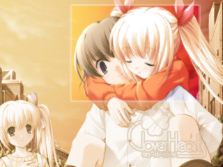 Anime girls hug building yellow - dynamic camera angle free wallpaper