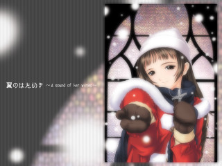 Girl red coat white hat - a teddy bear in front free wallpaper