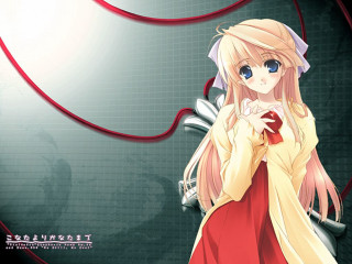 Girl red dress holding ribbon - a red ribbon free wallpaper