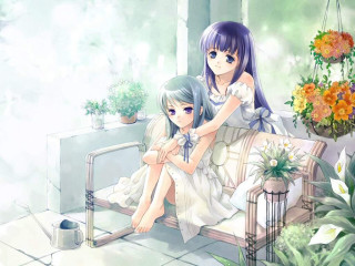 Anime girls bench window flower - a bench next free wallpaper