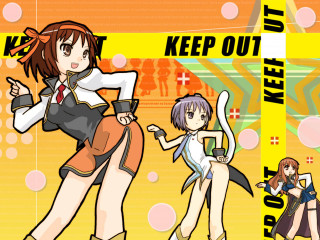 Anime group yellow background 3girls - a woman in a skirt free wallpaper