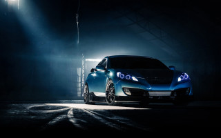 Blue car dark garage night - its headlight free wallpaper