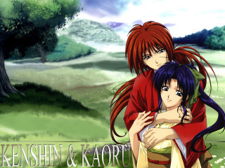 Anime hugging girls field trees - the background and a sky in the background free wallpaper
