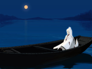 Woman boat lake night fullmoon - full free wallpaper