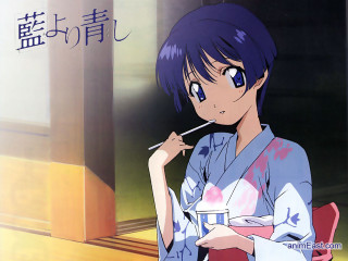 Kimono woman blue hair food - her mouth free wallpaper