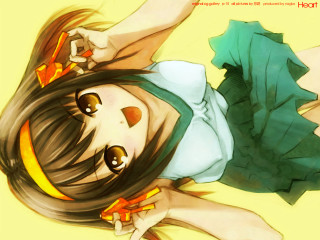 Girl green dress yellow background - a yellow ribbon free wallpaper