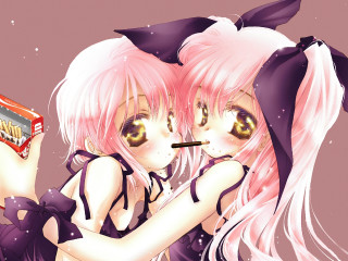Anime girls pink hair pocky - two anime girl free wallpaper