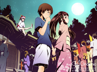 Moonlit night girls kimono fireworks - a full moon in the background free wallpaper