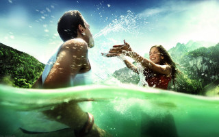 Man woman water mountain blue - free love wallpaper