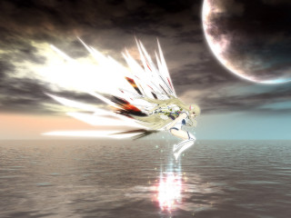 Woman flying ocean giant moon - a screenshot free wallpaper for desktop