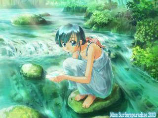 Girl rock river waterfall forest - a rock in a river free wallpaper
