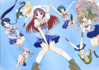 Anime girls umbrellas blue sky - a sky background behind them free wallpaper