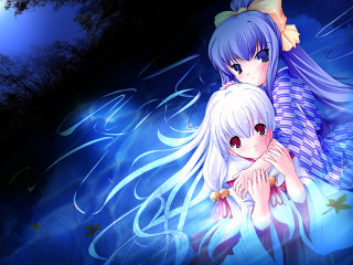 Moonlit anime girls hug woods - a full moon in the background free wallpaper