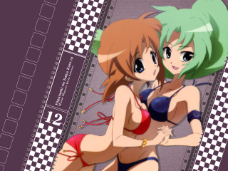 Anime girls bikinis checkered background - background behind them free wallpaper
