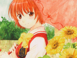 Red haired girl holding umbrella - sunflower free wallpaper