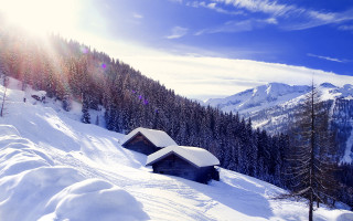 Cabin snowy mountain trees sunshine - bright free wallpaper