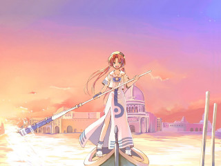 Woman sword boat city dusk - a white dress holding free wallpaper